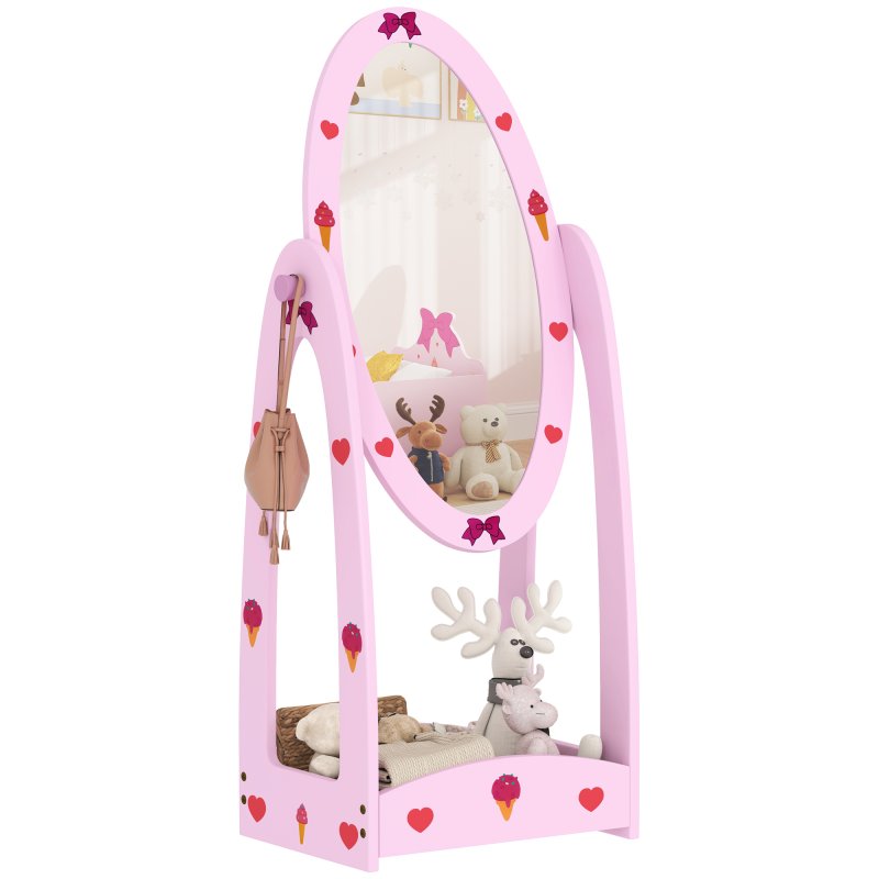 AIYAPLAY Kids Mirror Full Length with Storage Shelf, 360?? Rotating Standing Mirror for Bedroom, Kids Room, Nursery Room, Hot Pink