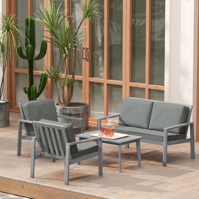 Outsunny 4 Pieces Garden Furniture Set with Cushions, Wooden Garden Sofa Set with 1 Loveseat, 2 Armchairs and 1 Coffee Table, Outdoor Table and Chairs for Conservatory, Balcony, Patio, Light Grey