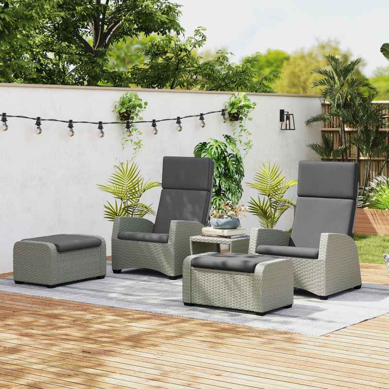 Outsunny 5 Pieces PE Rattan Garden Furniture Set, Wicker Outdoor Furniture Set with Reclining Chairs, Coffee Table, Footstools and Thick Cushions for Balcony, Patio, Charcoal Grey
