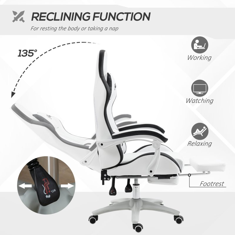 Vinsetto Computer Gaming Chair, PU Leather Office Desk Chair with Footrest, Swivel Wheels, 135?? Reclining Back, Lumbar Support, Headrest for Home, White and Black