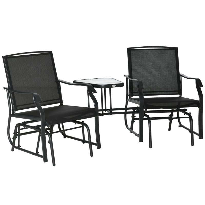 Outsunny Outdoor Double Glider Rocking Chairs with Glass Top Middle Table, Metal Gliding Love Seat Conversation Furniture with Breathable Mesh Fabric Seat, for Garden, Patio, Black