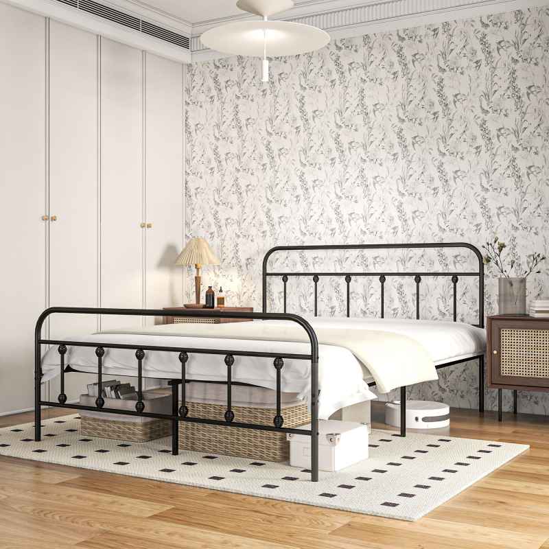 HOMCOM 4ft6 Double Bed Frame with Underbed Storage, Metal Platform Bed frame with Tall Headboard, Footboard and Steel Slat Support, No Box Spring Needed, Easy Assembly, Black