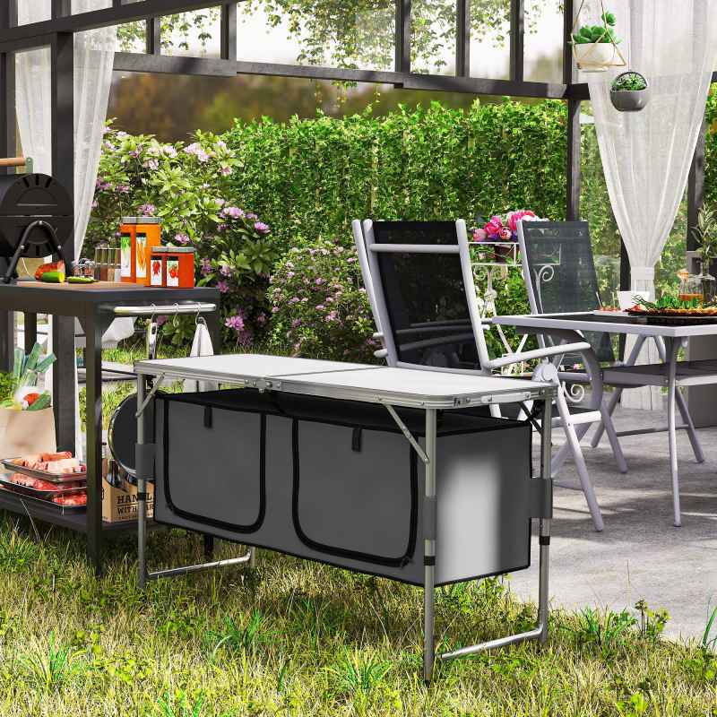 Outsunny 4ft Folding Camping Cupboard Kitchen, Height Adjustable Aluminium Camping Table with Storage, Lightweight Picnic Table for Outdoor Garden BBQ Party