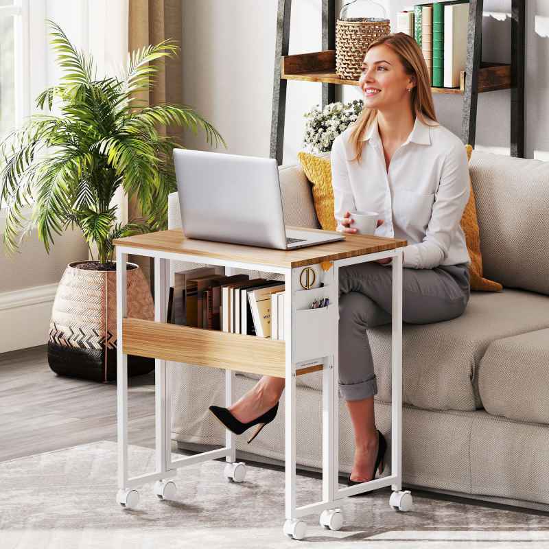 HOMCOM Folding Desk with Storage Shelf and Bag, 63 cm Foldable Computer Desk for Small Spaces, Space Saving Writing Table on Wheels for Home Office, Bedroom, Easy Assembly, Natural Wood Finish