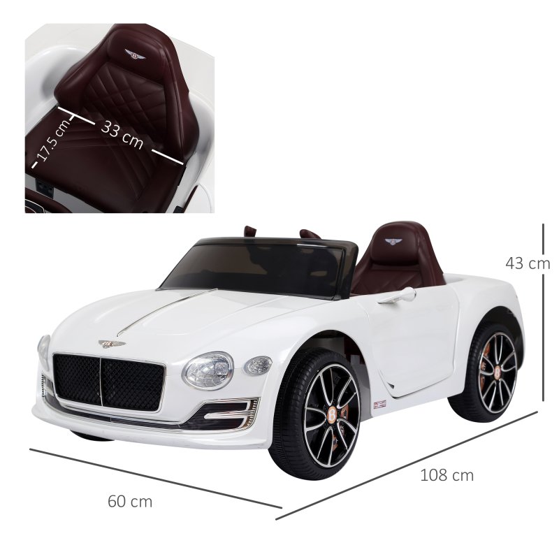 HOMCOM Bentley GT Licensed 12V Electric Car for Kids, Kid's Electric Ride on with Remote Control, Ride on Car with LED Lights, Music, for 3-5 Years, White