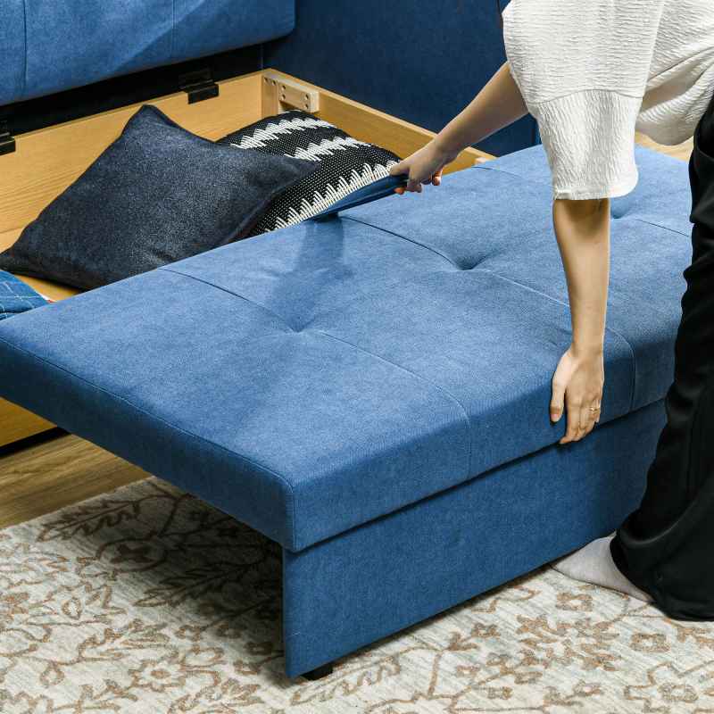 HOMCOM 2 Seater Sofa Bed, Convertible Bed Settee, Modern Cotton Loveseat Sofa Couch with 2 Cushions, Hidden Storage for Living Room, Guest Room, Deep Blue