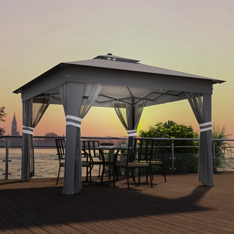Outsunny 3 x 3(m) Pop Up Gazebo with Sides, 20 Solar-Powered LED Lights, Netting, Roller Bag, 4 Weight Bags, Marquee Party Tent, Height Adjustable Instant Event Shelter, Grey