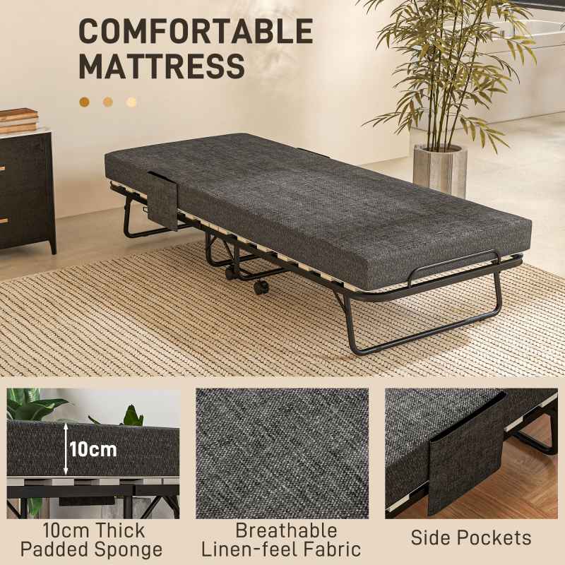 HOMCOM Folding Bed with Mattress, Foldable Guest Bed on Wheels, Portable Single Bed with 10cm Mattress, Side Pockets, Cover, 190 x 80cm, Dark Grey