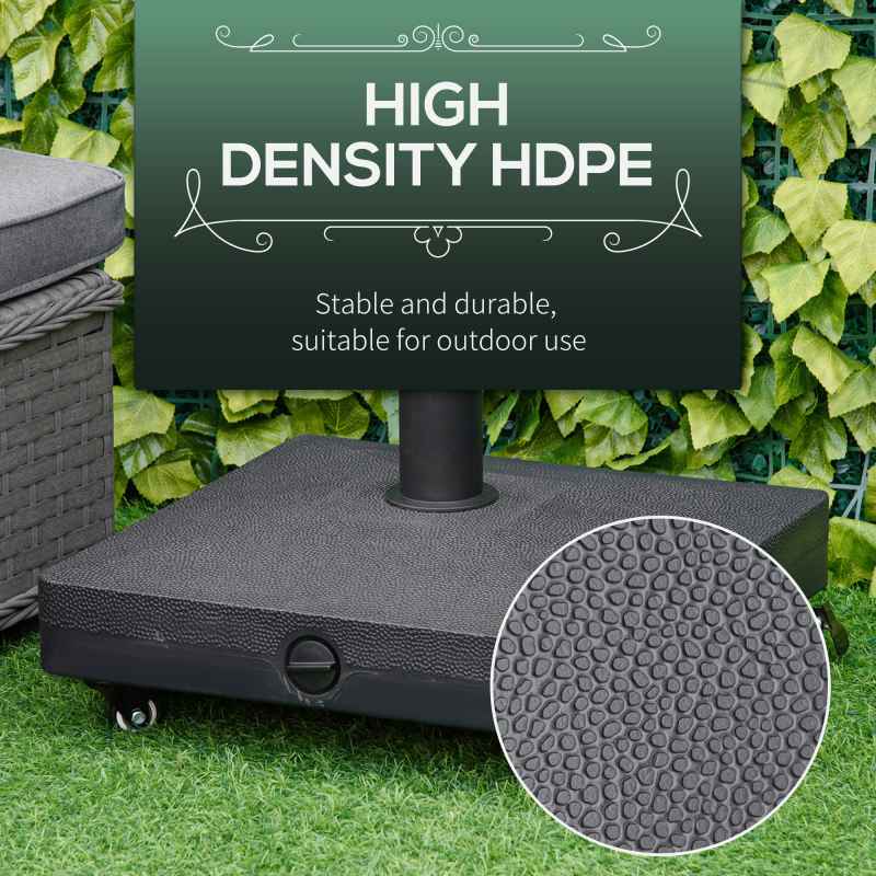 Outsunny Heavy Duty Garden Parasol Base Stand with Wheels, 18kg Sand or 16kg Water Filled Patio Umbrella Base Square Outdoor Umbrella Stand Holder, Black