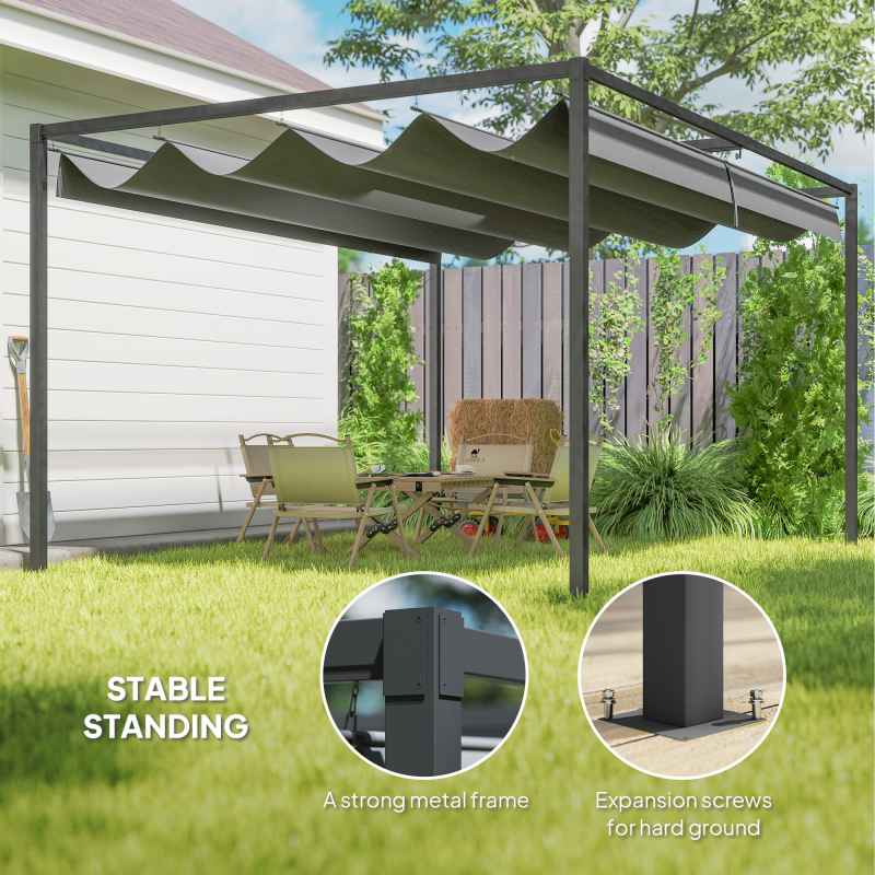 Outsunny 4 x 3(m) Metal Outdoor Pergola with Retractable Roof, Outdoor Gazebo with Drainage Holes for Garden, Patio, Lawn, Grey