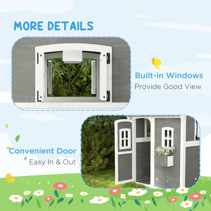 Outsunny Wooden Playhouse for Kids Outdoor Wendy House Indoor with Doors, windows, Plant Box, Floors, for 3-8 Years, for Garden, Lawn, Patio - Grey
