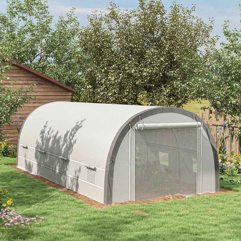 Outsunny 6 x 3(m) Walk-in Polytunnel Greenhouse with Upgraded Structure, Zipped Roll Up Mesh Door, 8 Mesh Windows, Tunnel Warm House Tent with PE Cover, 15 Plant Labels and Gloves, White