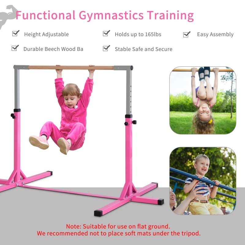 HOMCOM Height Adjustable Gymnastics Horizontal Bar For Kids Home Gym Training Children Junior Kip High Bar Fitness, Pink