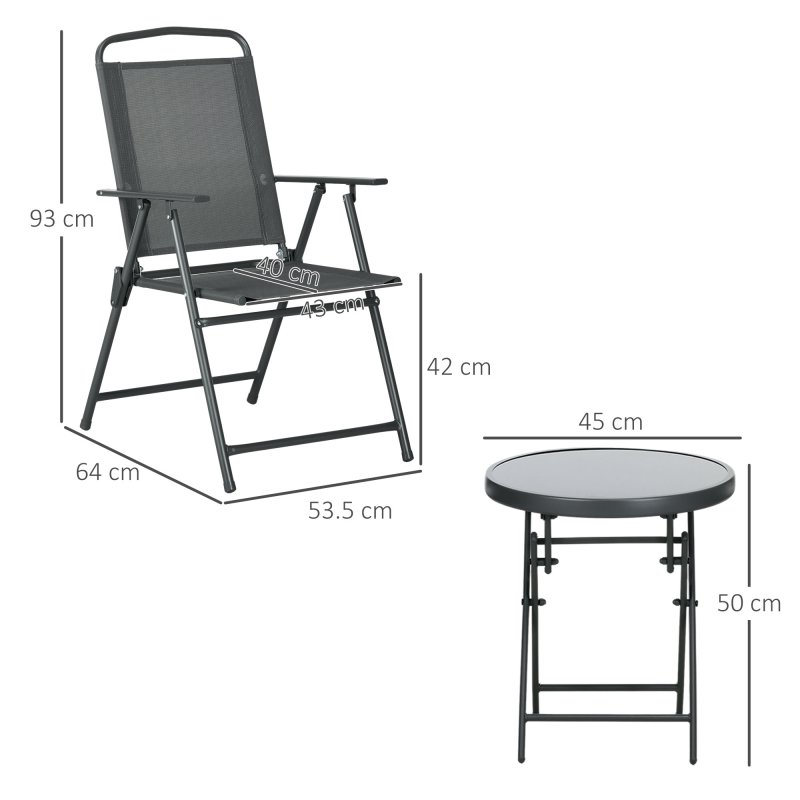 Outsunny Garden Bistro Set, 3 Pieces Table and Chairs Set, Outdoor Garden Furniture with Foldable Breathable Mesh Fabric Armchairs & Glass Top Coffee Table, Dark Grey
