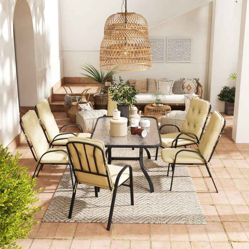 Outsunny 7 Pieces Garden Dining Set, Outdoor Rectangular Dining Table and 6 Cushioned Armchairs, Tempered Glass Top Table w/ Umbrella Hole, Texteline Seats, Beige