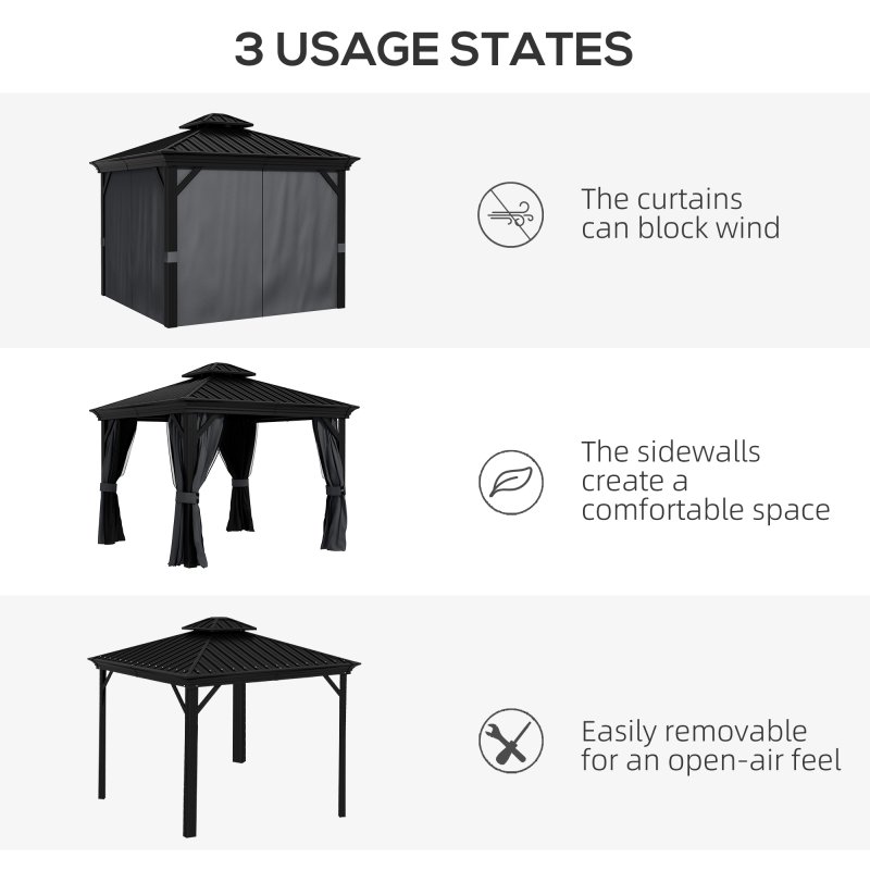 Outsunny 3 x 3.7m Outdoor Hardtop Gazebo Canopy Aluminium Frame with 2-Tier Roof & Mesh Netting Sidewalls for Patio, Dark Grey