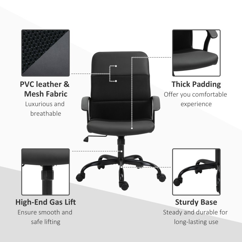 Vinsetto Mesh Office Chair, Faux Leather Desk Chair with Swivel Wheels, Adjustable Height and Tilt Function, Black
