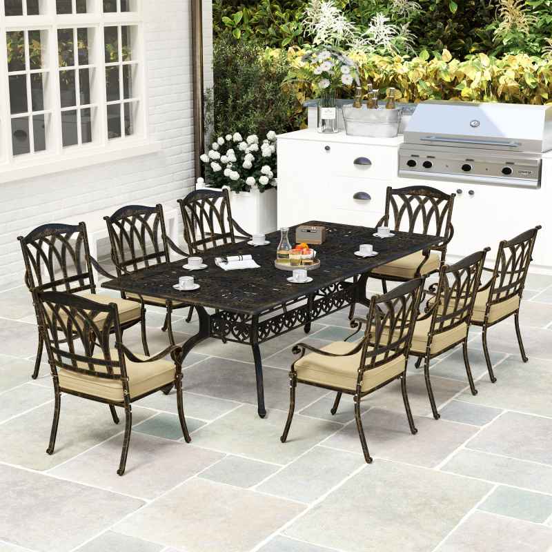 Outsunny 9 Pieces Cast Aluminium Garden Dining Set, 8 Seater Garden Table and Chairs with Parasol Hole, Outdoor Garden Furniture Set with Cushions for Patio, Bronze Tone