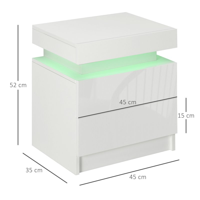 HOMCOM High Gloss Front Bedside Table, Nightstand with RGB LED Light and 2 Drawers, Chest of Drawers for Bedroom, Living Room, White