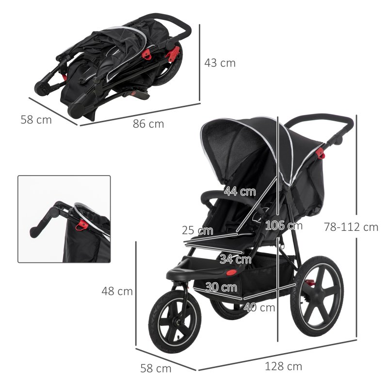 HOMCOM Baby Stroller Pushchairs 2 in 1 Lightweight Travel Pram Buggy Foldable with Reversible Seat, Fully Reclining Backrest, from 0 to 3 Years, 0 to15kg - Black