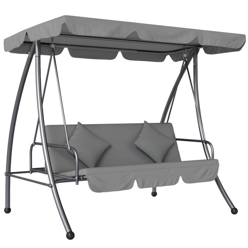 Outsunny Outdoor 2-in-1 Swing Chair Lounger 3 Seater Garden Swing Seat Bed Hammock Bed Convertible Tilt Canopy W/ Cushion, Light Grey