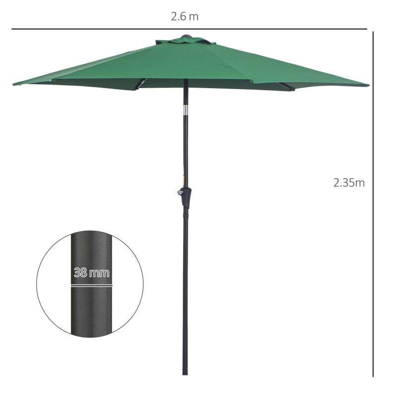 Outsunny 2.6M Garden Parasol Umbrella with Tilt and Crank, Outdoor Sun Parasol Sunshade Shelter with Aluminium Frame, Green