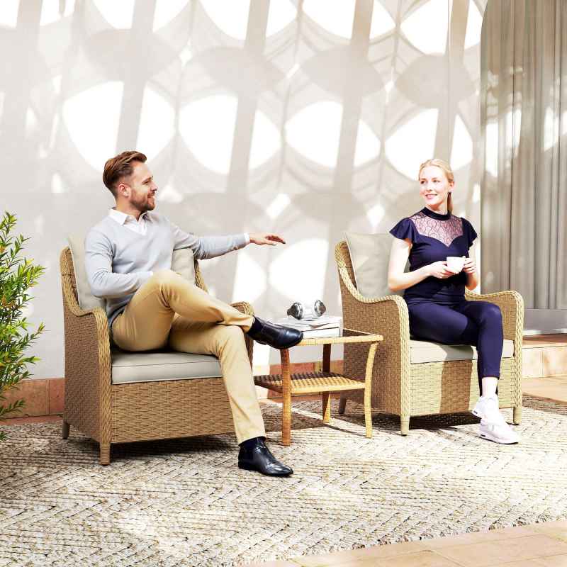 Outsunny Rattan Garden Chairs Set of 2, Outdoor Rattan Chairs with Cushions, Armrests and High Back, PE Wicker Garden Armchair with Steel Frame for Balcony, Porch, Beige