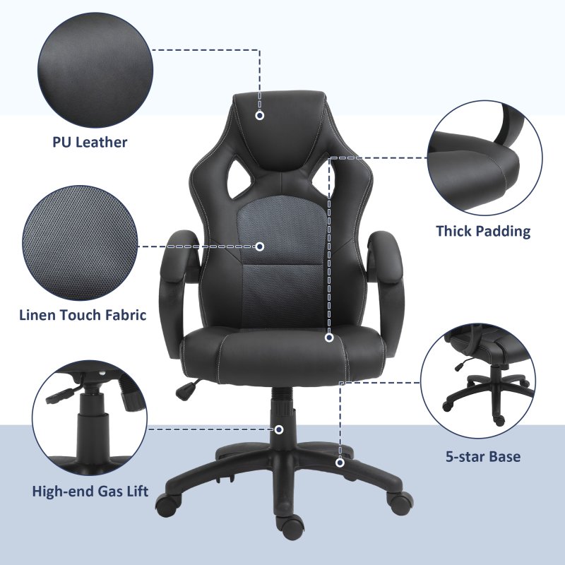 Vinsetto Gaming Chair Faux Leather Swivel Computer Racing Gamer Desk Chair for Home Office with Wheels, Gray
