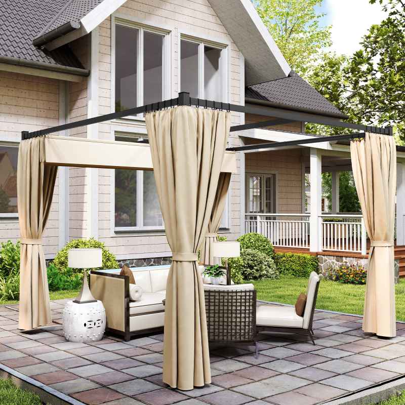 Outsunny 3 x 3(m) Pergola with Retractable Roof Canopy and Curtains, Metal Frame Garden Gazebo Outdoor Sun Shade Shelter for Grill, Patio, Deck, Khaki