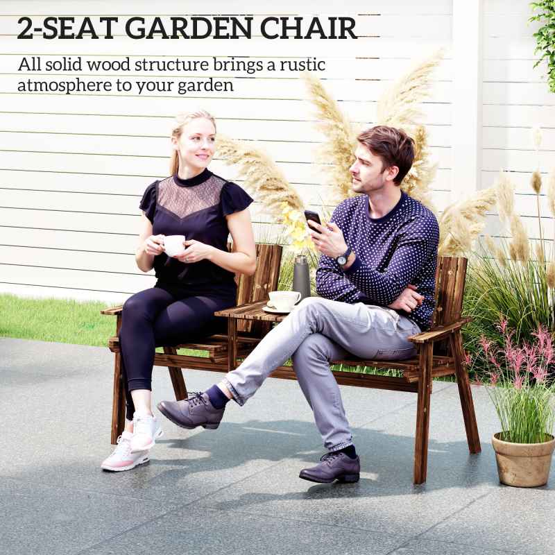 Outsunny 2-Seater Wooden Garden Bench, Antique Loveseat Chair with Table & Parasol Hole, Outdoor Bench for Porch, Patio, Carbonised Finish