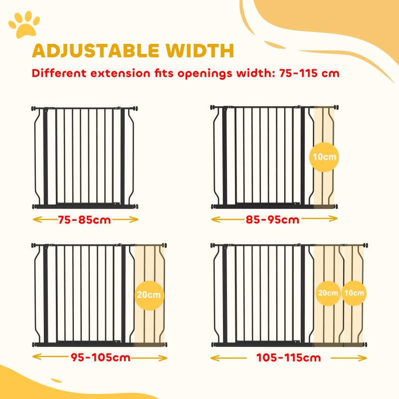 PawHut Dog Gate Wide Stair Gate w/ Door Pressure Fit Pets Barrier for Doorway, Hallway, 76H x 75-115W cm - Black