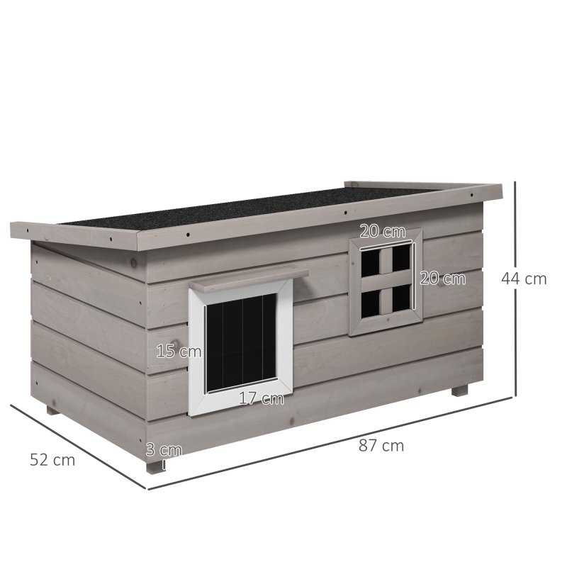 PawHut Outdoor Wooden Cat House, Elevated Cat Shelter Kennel, Pet Play House with Openable Top, Asphalt Roof, Window, 87 x 52 x 44 cm, Grey
