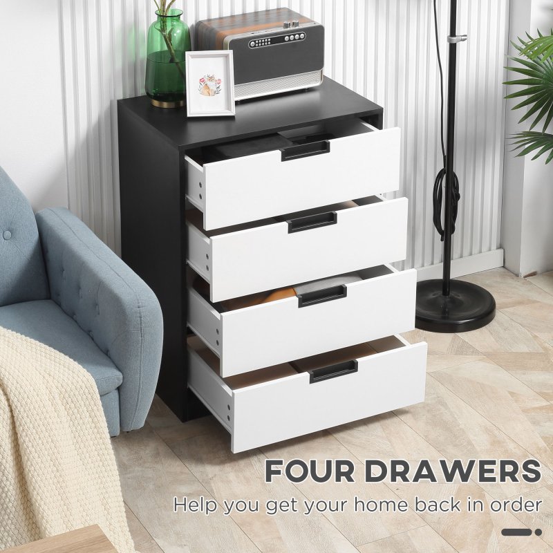 HOMCOM Chest of Drawers, 4 Drawers Cabinet Storage Organiser Unit with Handles for Bedroom, Living Room, White and Black