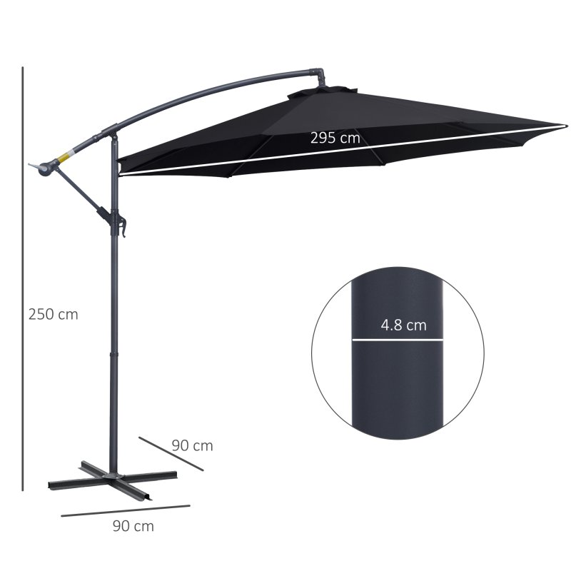 Outsunny 3(m) Garden Cantilever Parasol Patio Banana Hanging Umbrella Sun Shade with Crank and Tilt, 8 Ribs and Cross Base, Black
