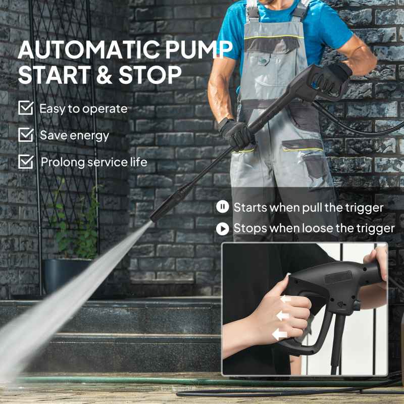 Outsunny 1600W High Pressure Washer, 130 Bar Pressure, 390 L/h Flow, Portable Power Washer Jet Wash Cleaner with Adjustable Nozzle, 6M Hose, Handle for Home Patio Car Driveway, Green