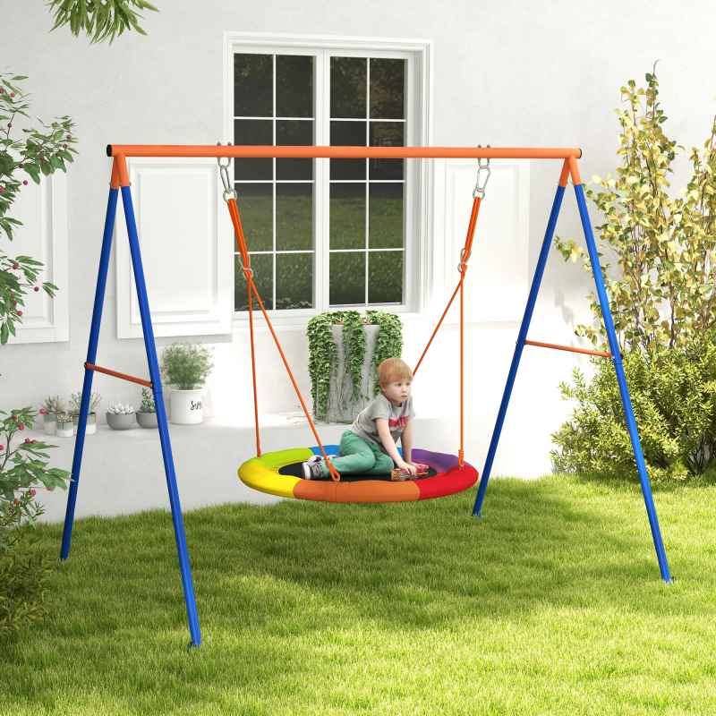 Outsunny Kids Swing Set, Garden Nest Swing with A-Frame Structure,for Outdoor Use - Multicoloured