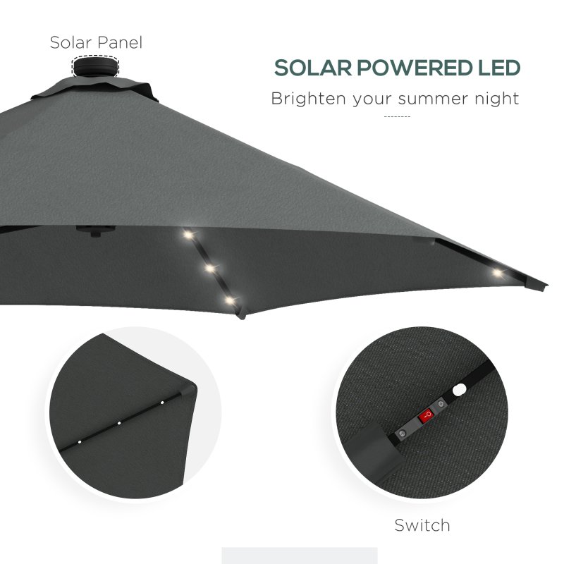 Outsunny 3(m) Cantilever Parasol with Solar LED and Easy Lever, Garden Parasol Umbrella with Cross Base and Waterproof Cover, Outdoor Sun Shades, Dark Grey