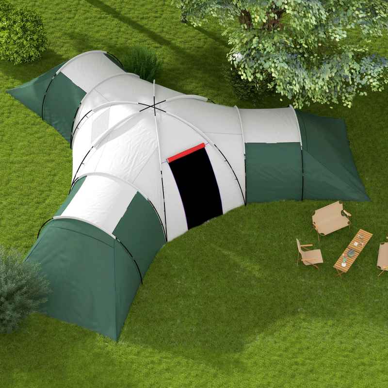 Outsunny 6-9 Man Large Tunnel Tent with 3 Bedroom, Living Area and Porch, 2000mm Waterproof Camping Tent, Portable with Bag, for Fishing Hiking Festival, Green