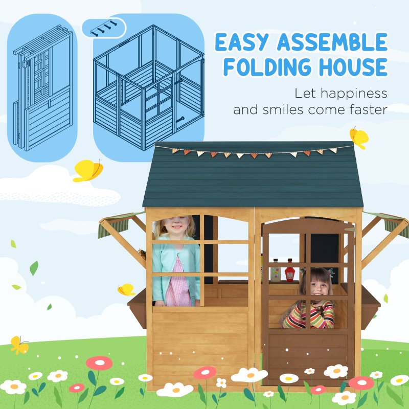 AIYAPLAY Wooden Playhouse for Kids Outdoor, Foldable Wendy House with Windows, Working Door, Service Stations, Rain Covers, Blackboards, Kids Garden Toys for 3-8 Years