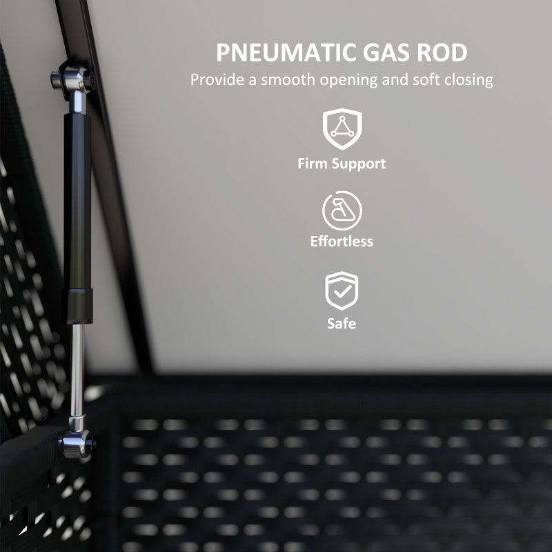 Outsunny 627 L Rattan Garden Storage Box, Outdoor Garden Cushion Storage Box with Gas Lift Lid and Wheels, Outdoor Rattan Chest Container for Cushions, Pillows and Tools, Black