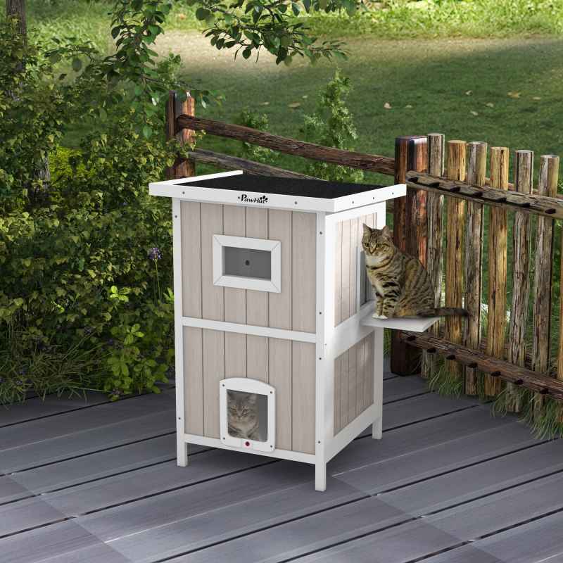 PawHut Outdoor Cat House, Wooden Cat Shelter 2 Tiers Feral Cat house with Removable Bottom, Escape Doors, Asphalt Roof, for 1-2 Cats - Light Grey