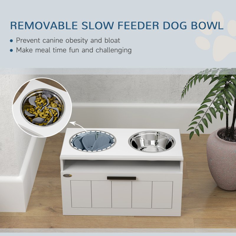 PawHut Raised Dog Bowl, Elevated Pet Bowls with Slow Feeder, Two Stainless Steel Bowls, Drawer, for Large & Extra Large Dogs, White