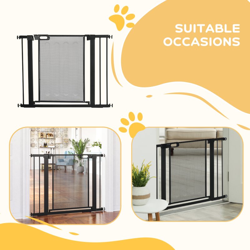 PawHut Pressure Fit Safety Gate for Doorways and Staircases, Dog Gate w/ Auto Closing Door, Pet Barrier for Hallways w/ Double Locking, Openings 75-103CM - Black