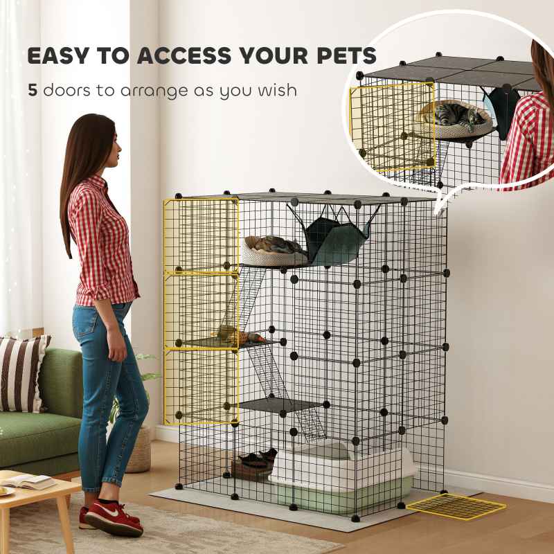 PawHut Cat Cage Indoor, DIY 4 Tier Wire Cat Enclosure with Hammock, Ramps, Doors, Jumping Platforms, Detachable Catio Indoor for 1-3 Cats, 105 x 70 x 140 cm, Black