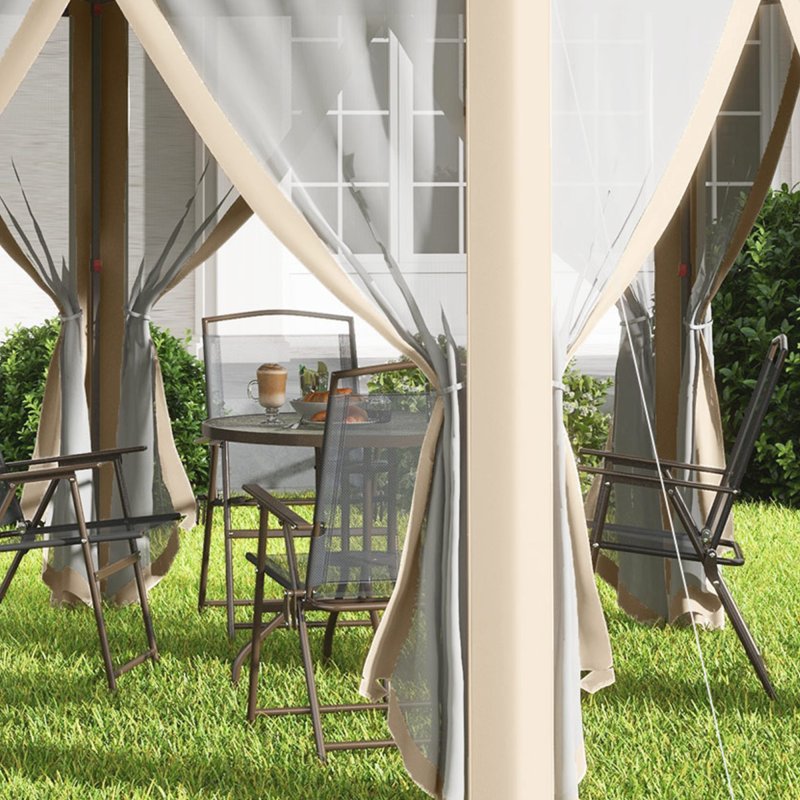 Outsunny 3 x 4m Garden Gazebo Hexagon Pop Up Gazebo Party Tent Canopy Double Roof Instant Shelter with Netting and Carry Bag for Outdoor Patio, Khaki