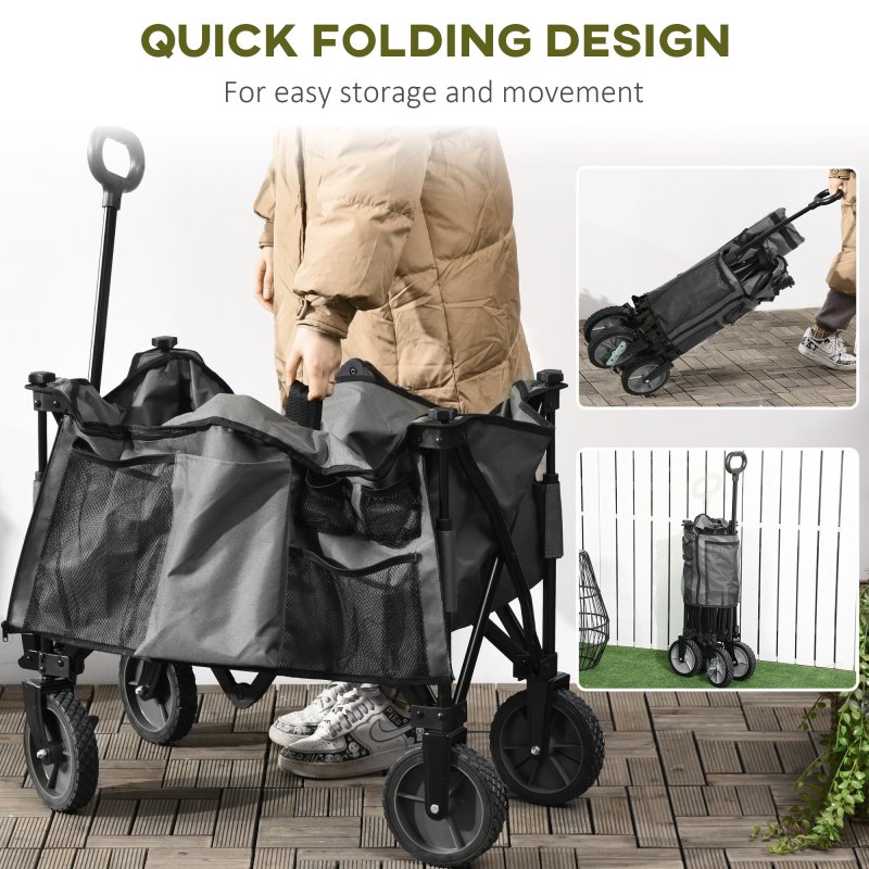 Outsunny Folding Garden Trolley, Cargo Trailer on Wheels, Collapsible Camping Trolley with Folding Board, Outdoor Utility Wagon with Steel Frame and Oxford Fabric, Dark Grey