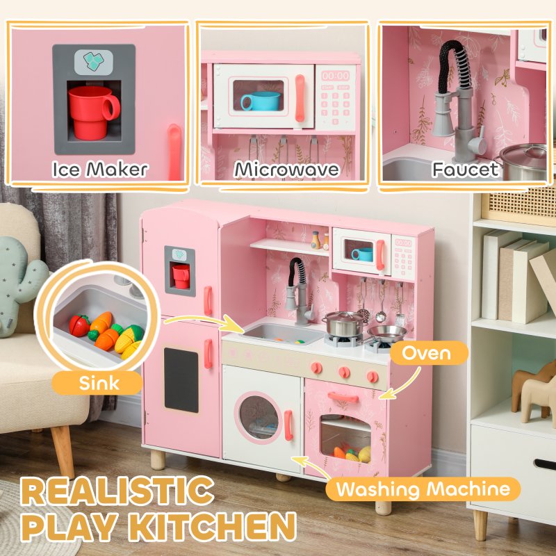 AIYAPLAY Toy Kitchen, Pretend Role Play Kitchen, Kids Kitchen Set with Lights and Sounds, Double Stoves, Ice Maker, Chalkboard, Microwave, Oven, Sink, 5 Accessories, for 3+ Years, Pink