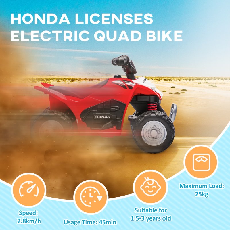 AIYAPLAY Honda Licensed Kids Electric Quad Bike, 6V Ride On Car ATV Toy, with LED Light, Horn, for 1.5-3 Years, Red