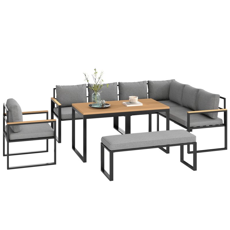 Outsunny 6 Piece L Shaped Garden Furniture Set, 9 Seater Outdoor Corner Sofa Set with 3 Loveseats, Bench, Chair, Wide and Deep Seats, WPC Top Coffee Table, Thick Cushions, Natural Wood Finish