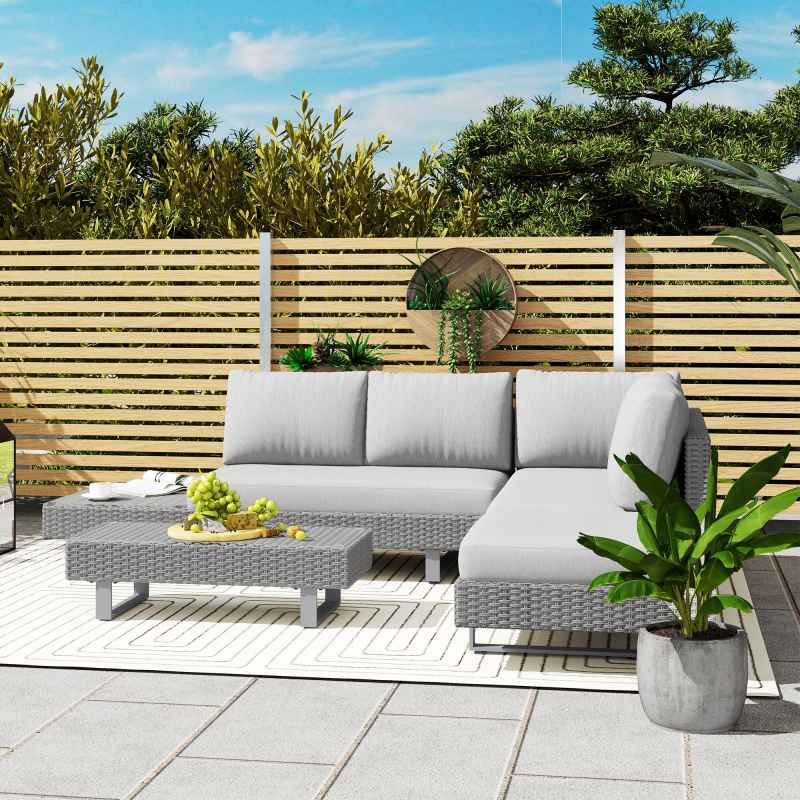 Outsunny 3 Pieces Rattan Garden Furniture Set, Wicker Garden Sofa Set with 3-Seater Sofa, Loveseat, Coffee Table, Side Table & Cushions, 5-Seater Outdoor Furniture Set, Light Grey